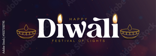 Happy Diwali Calligraphic Typography Text. Outline Drawing of Mitti ka Diya, Clay Lamp, Candle, Lantern. Colorful Happy Diwali Indian Festival Greeting Card Banner Template Background.