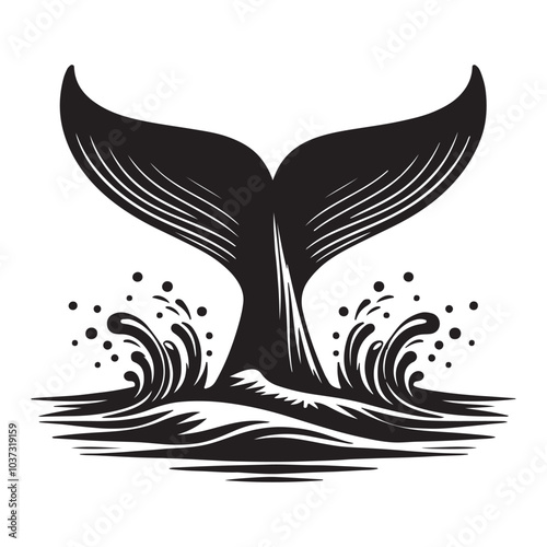  Whale tail in water silhouette vector  black color white background 