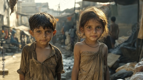 Two children are standing in a dirty environment, one wearing a dress