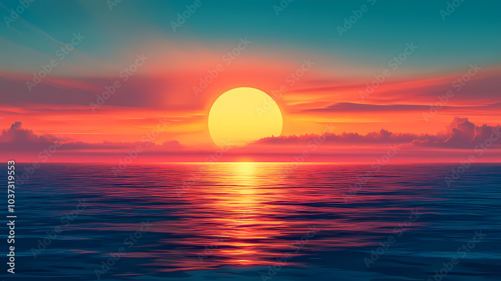 Asymmetrical sunset and sunrise over the sea. Sunset Over Horizon. Illustration Asymmetrical sunset and sunrise over the sea. Sunset Over Horizon. Illustration