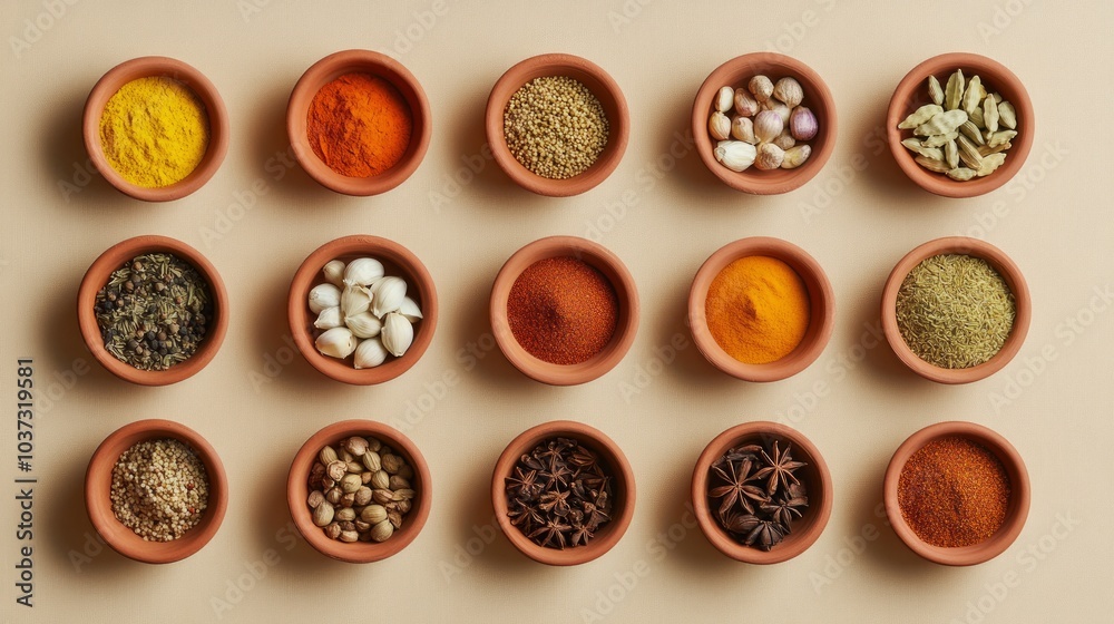 An assortment of various spices in small clay bowls arranged in rows on a beige background. An assortment of various spices in small clay bowls arranged in rows on a beige background.