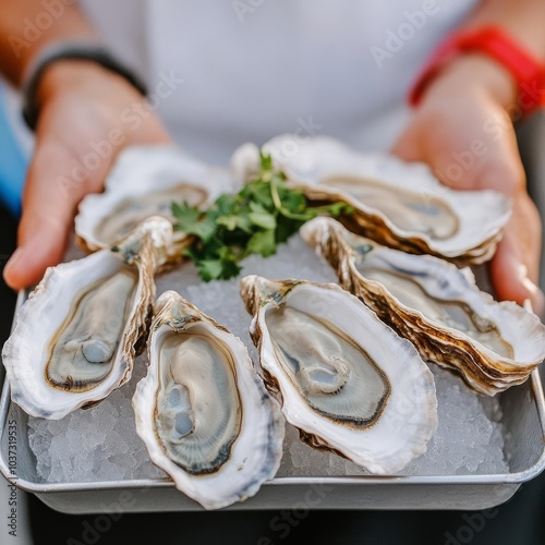 Street vendor with fresh oysters, coastal setting, local crowd, seafood delight, oyster culture, street food luxury photo