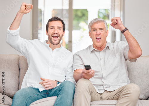 Mature dad, son and celebration with watching tv for sports games, tournament and match, People, parent and excited or happy with fist for winning, goal and support as fan with fun, bonding and home