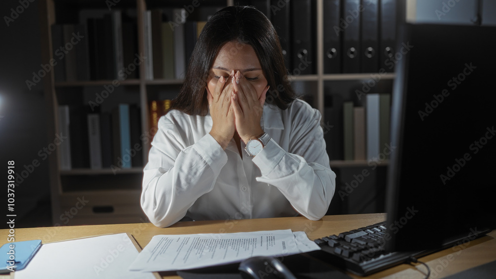 Woman stressed in office with documents on desk facing computer tired brunette adult Woman stressed in office with documents on desk facing computer tired brunette adult