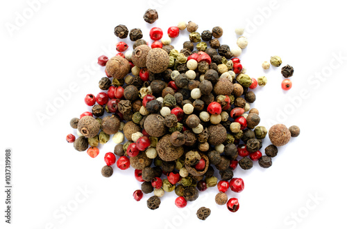 Mixture of black, red, white, green, allspice peppercorns isolated on white background, top view. Peppercorns of different colors on a white background, top view. Pepper mix.