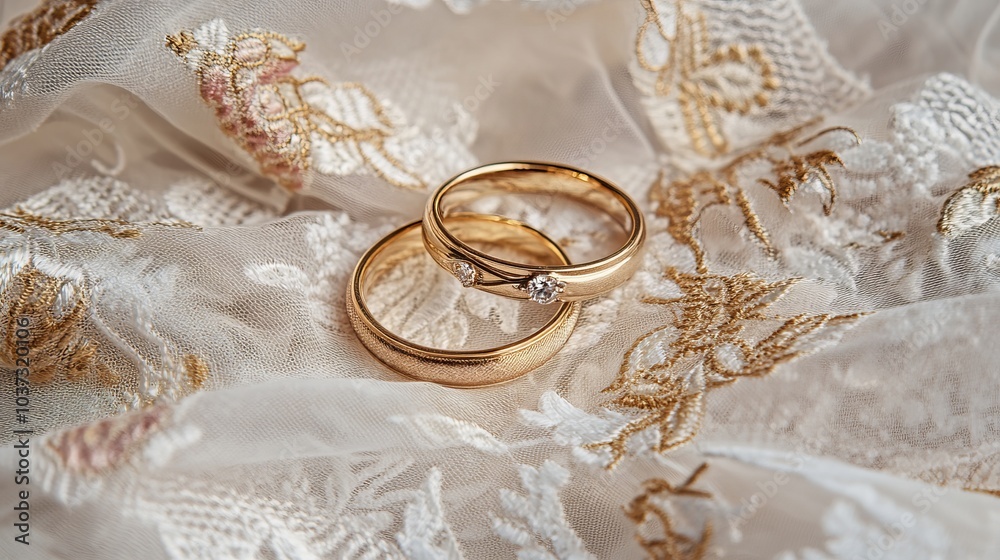 Two golden wedding rings resting on the bridges embroidered tulle with delicate pleats. Beautiful wedding design layout for a postcard Two golden wedding rings resting on the bridges embroidered tulle with delicate pleats. Beautiful wedding design layout for a postcard
