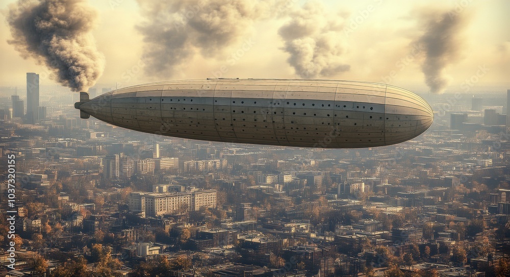 Huge Airship Over City, Intense Smoke Huge Airship Over City, Intense Smoke