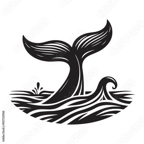  Whale tail in water silhouette vector  black color white background 