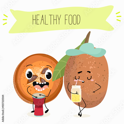 Cute sapodilla characters, funny fruits, different activities. Flat vector illustration. Organic food, healthy food, illustrations for kids menu, invitations.
