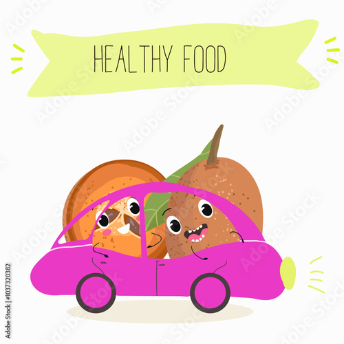 Cute sapodilla characters, funny fruits, different activities. Flat vector illustration. Organic food, healthy food, illustrations for kids menu, invitations.