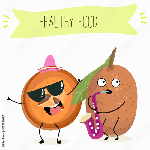 Cute sapodilla characters, funny fruits, different activities. Flat vector illustration. Organic food, healthy food, illustrations for kids menu, invitations.