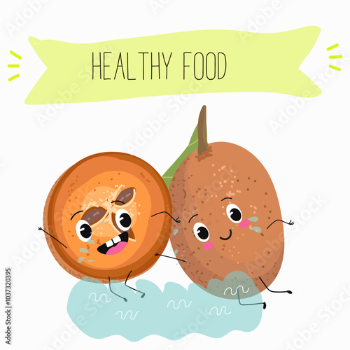 Cute sapodilla characters, funny fruits, different activities. Flat vector illustration. Organic food, healthy food, illustrations for kids menu, invitations.