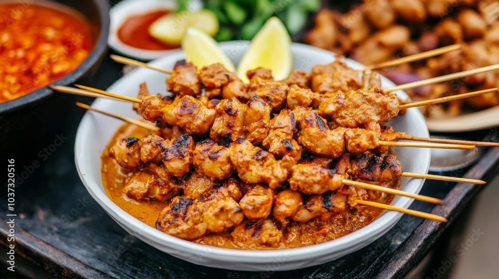 Street vendor with Indonesian satay, smoky skewers, tropical vibe, rich spices, Indonesian flavors, comfort food Street vendor with Indonesian satay, smoky skewers, tropical vibe, rich spices, Indonesian flavors, comfort food