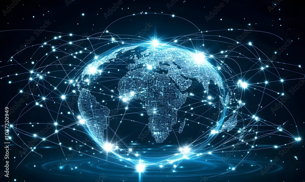 A glowing, interconnected globe surrounded by sparkling lights, representing a digital or cosmic network. A glowing, interconnected globe surrounded by sparkling lights, representing a digital or cosmic network.