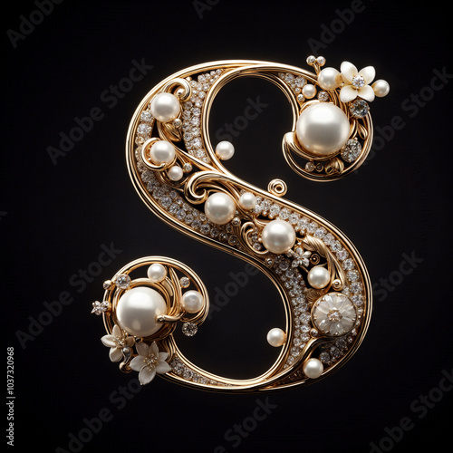 S. The letter of the Latin alphabet in the form of a luxurious openwork jewelry made of gold, decorated with precious stones, diamonds and pearls. On a black background.