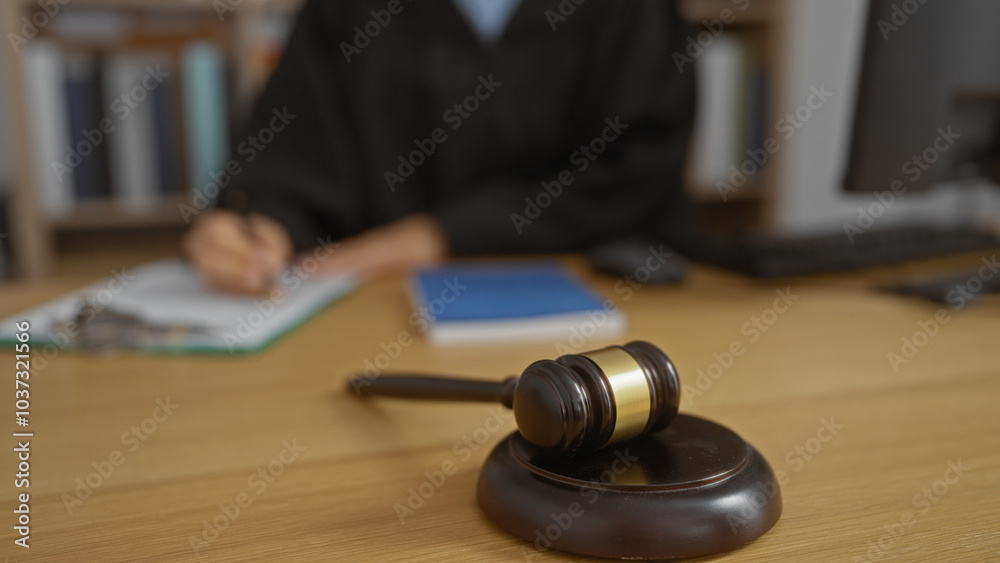Woman writing in a legal setting with a gavel on the desk signifying court proceedings and justice administration indoors Woman writing in a legal setting with a gavel on the desk signifying court proceedings and justice administration indoors