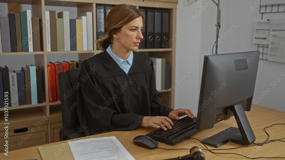 Woman judge working in a court office typing on a keyboard, surrounded by books and legal documents with a gavel on the desk. Woman judge working in a court office typing on a keyboard, surrounded by books and legal documents with a gavel on the desk.
