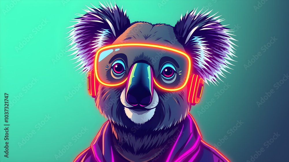 Koala neon avatar vector-style image of cyberpunk head. Generative AI Koala neon avatar vector-style image of cyberpunk head. Generative AI