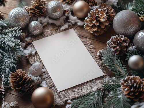 Blank mock up card on a wooden surface framed by Christmas decorations, pine cones and branches