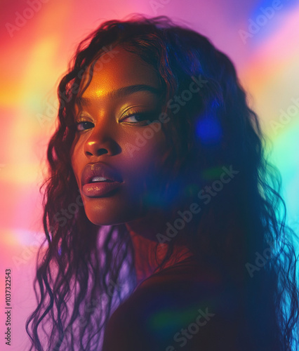 Portrait of beautiful natural black woman with multicolored light reflections