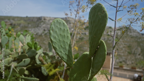 Prickly pear cactus in the scenic town of matera, basilicata, italy, showcasing lush green pads and the arid, rocky landscape of southern europe.