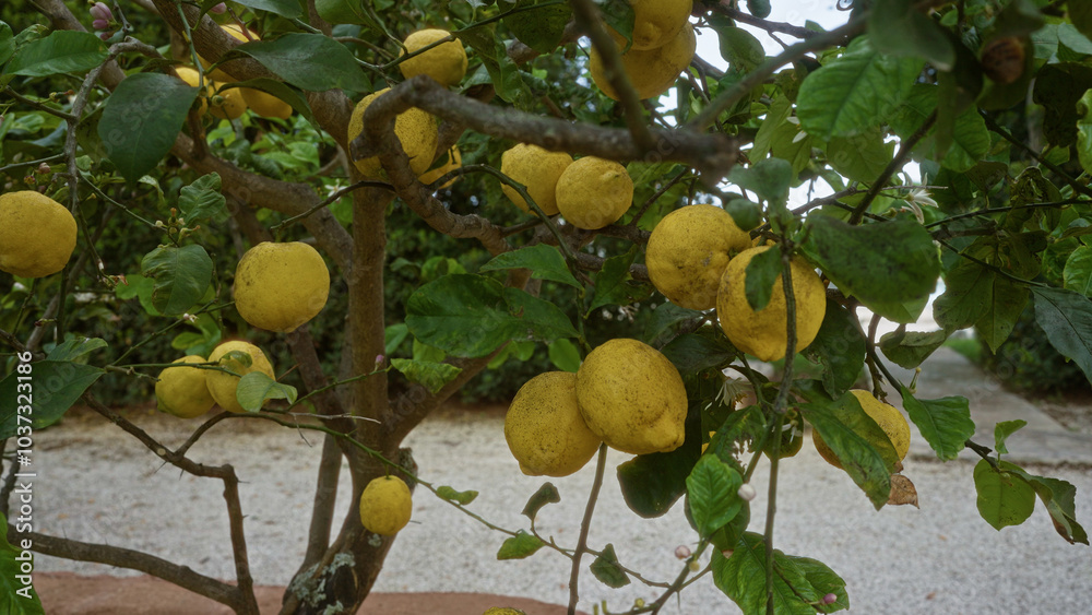 Ripe lemons hanging on branches of a lush lemon tree with green leaves in an outdoor garden in puglia, italy. Ripe lemons hanging on branches of a lush lemon tree with green leaves in an outdoor garden in puglia, italy.