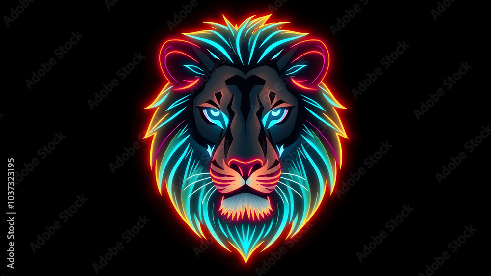 Lion neon avatar vector-style image of cyberpunk head. Generative AI Lion neon avatar vector-style image of cyberpunk head. Generative AI