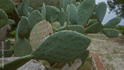 A close-up of the prickly pear cactus, opuntia ficus-indica, in an outdoor garden in puglia, italy, with its distinct green pads and small budding fruits visible. photo