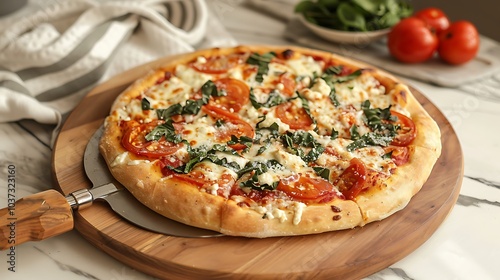 A pizza on a chopping board with a pizza cutter