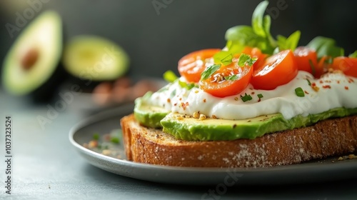 A piece of avocado toast garnished with cherry tomatoes, a dollop of creamy sauce, and fresh herbs, showcasing a delicious and colorful breakfast option. photo