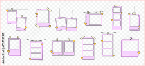 Retro cute pink polaroid photo frames background vector set collection. doodle frame polaroid border element vector illustration