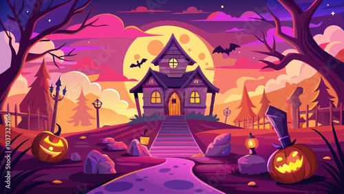 Scary Halloween Background With Pumpkins, Moon, Grave, Bat, And Haunted House Vector Illustration