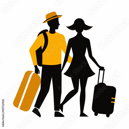 Traveling couple in silhouette vector illustration on a white background