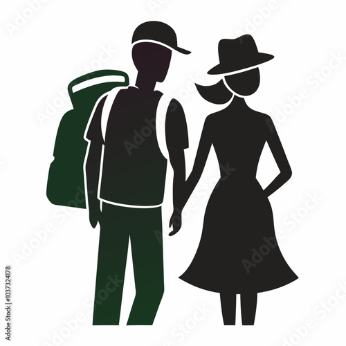 Traveling couple in silhouette vector illustration on a white background