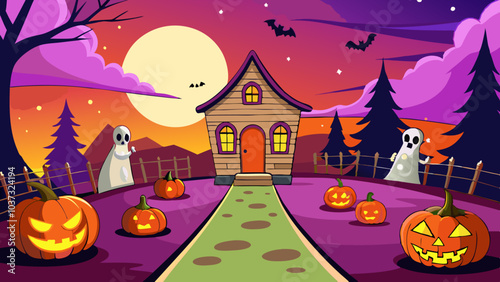 Scary Halloween Background With Pumpkins, Moon, Grave, Bat, And Haunted House Vector Illustration