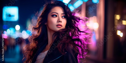 Glamour of a city night with a young Asian woman featuring voluminous curls and a makeup style that shines under city lights.