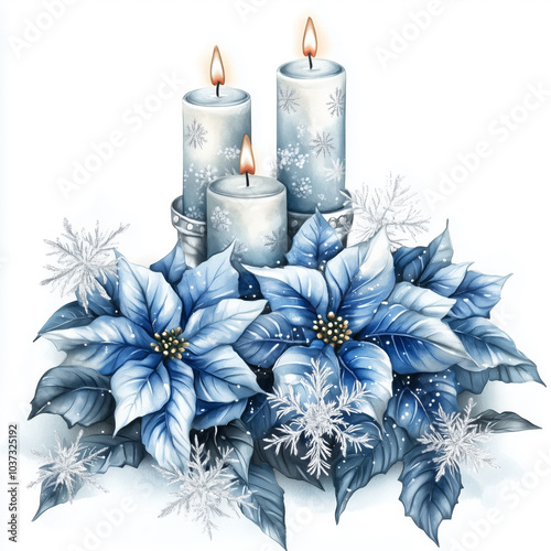 Watercolor Christmas arrangement with blue poinsettia flowers and candles
