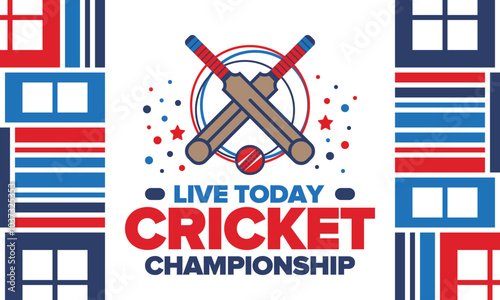 Cricket Championship. Match Day. Cricket bat and cricket ball. Tournament play-off and final. Sport game, professional competition. Play for win. Cricket match score. Fitness and recreation poster