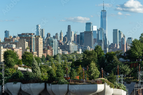 Canvas Print Scenic view of the NYC skyline with Little Island in the foreground, featuring modern architecture over the Hudson River