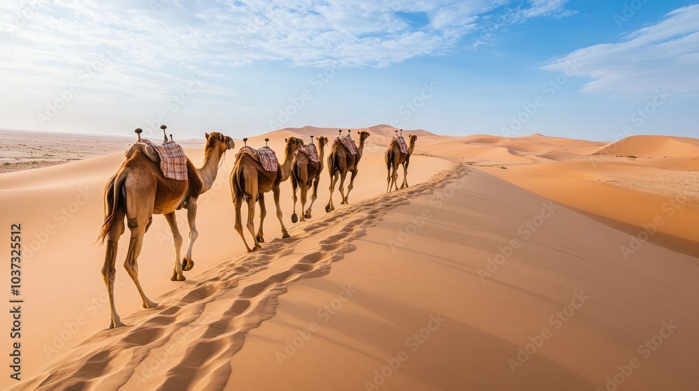 A line of camels walking through sandy dunes under a blue sky. A line of camels walking through sandy dunes under a blue sky.
