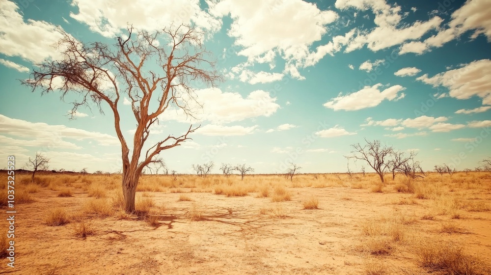 Barren desert stretches endlessly with lifeless trees standing against a bright blue sky Barren desert stretches endlessly with lifeless trees standing against a bright blue sky