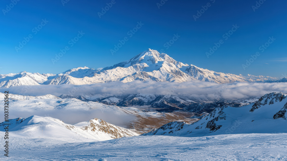 Obraz premium Snow covered mountain peaks rise majestically under clear blue sky