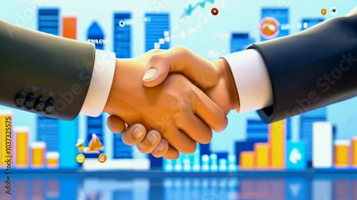 A 3D handshake between two businesspeople takes place in the center of the screen