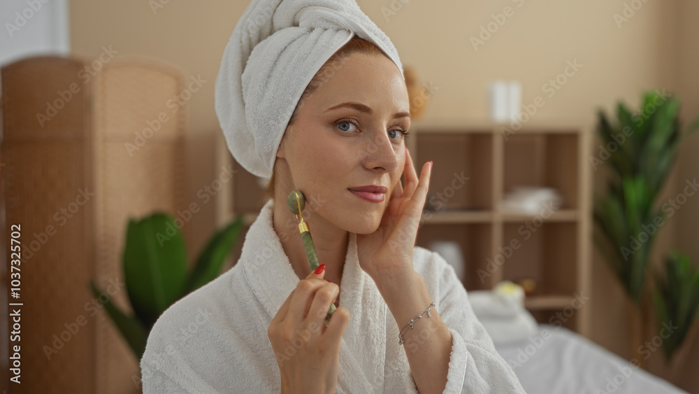 Woman enjoys a facial massage with a jade roller at a spa indoors, surrounded by relaxing beauty salon décor Woman enjoys a facial massage with a jade roller at a spa indoors, surrounded by relaxing beauty salon décor