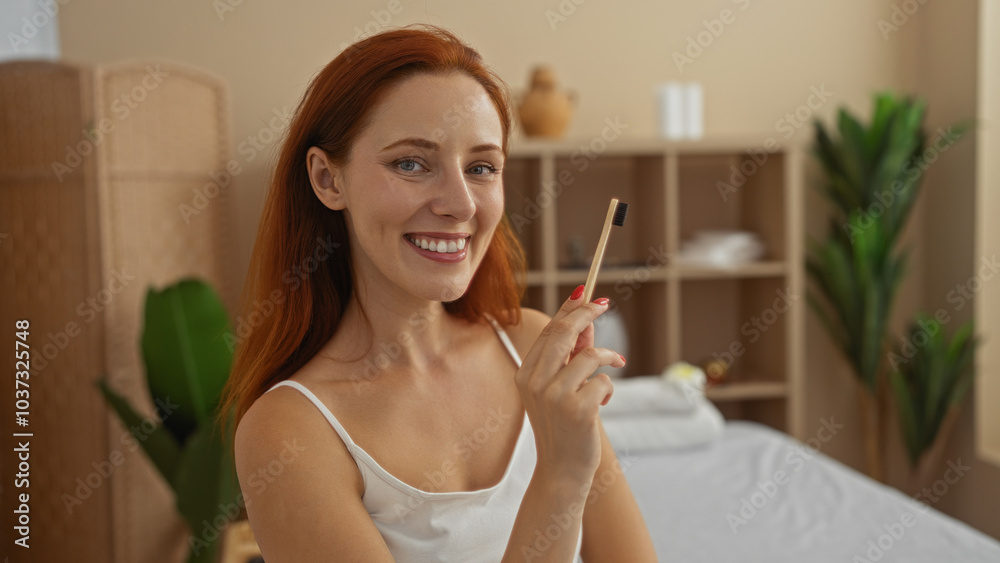 Young attractive redheaded woman in a spa wellness center holding a toothbrush while smiling in a serene indoor setting with plants and a calm beige interior background Young attractive redheaded woman in a spa wellness center holding a toothbrush while smiling in a serene indoor setting with plants and a calm beige interior background