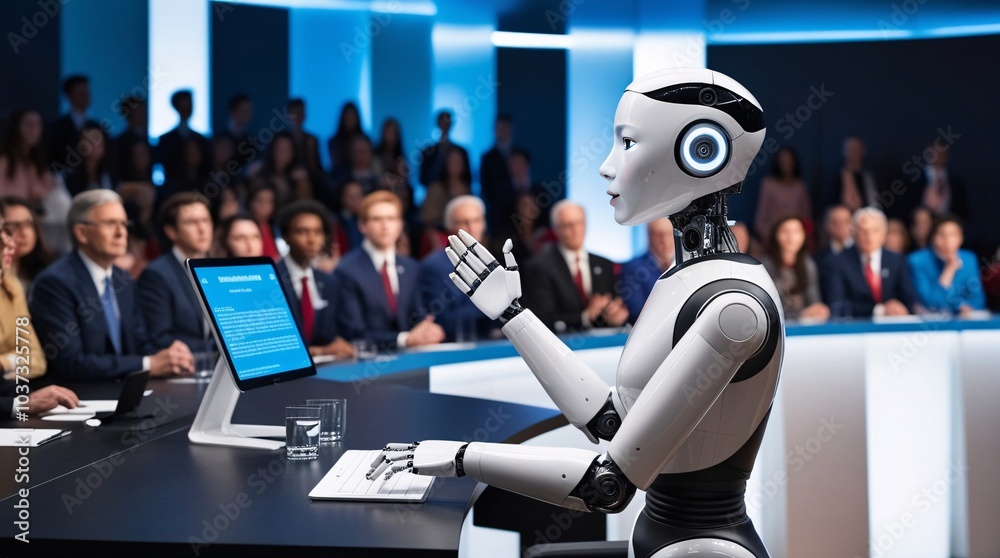 A humanoid robot engages with an audience, delivering a presentation on technology at a conference. Attendees listen attentively while seated at a sleek, contemporary venue A humanoid robot engages with an audience, delivering a presentation on technology at a conference. Attendees listen attentively while seated at a sleek, contemporary venue