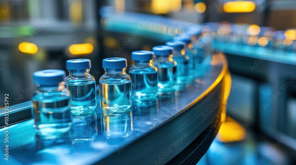 Medical vials on production line at pharmaceutical factory, Pharmaceutical machine working pharmaceutical glass bottles production line, health care, pandemic