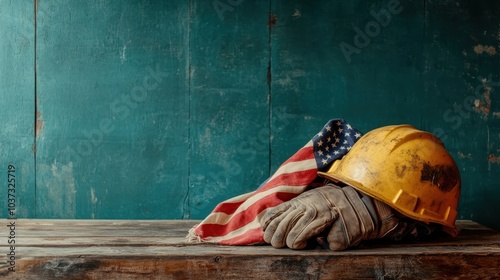 A yellow construction helmet lies beside worn gloves on a wooden surface, draped with a rustic American flag, highlighting pride in craftsmanship and labor. photo