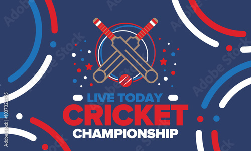 Cricket Championship. Match Day. Cricket bat and cricket ball. Tournament play-off and final. Sport game, professional competition. Play for win. Cricket match score. Fitness and recreation poster