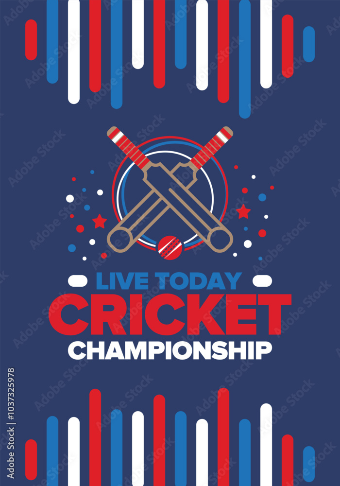 Fototapeta premium Cricket Championship. Match Day. Cricket bat and cricket ball. Tournament play-off and final. Sport game, professional competition. Play for win. Cricket match score. Fitness and recreation poster